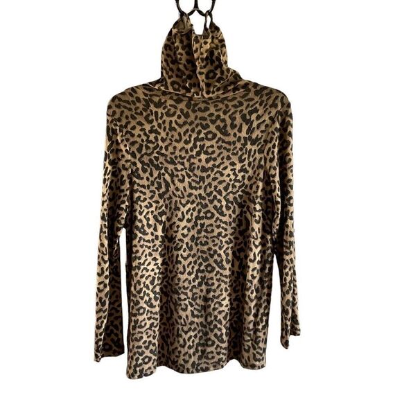 Bobeau Top Cowl Neck Built In Face Cover Black Tan Taupe Animal Print Small - Picture 3 of 11